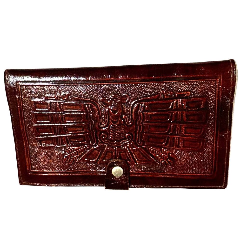 Vintage Peru embossed tooled leather wallet mahogany red Aztec Thunderbird motif